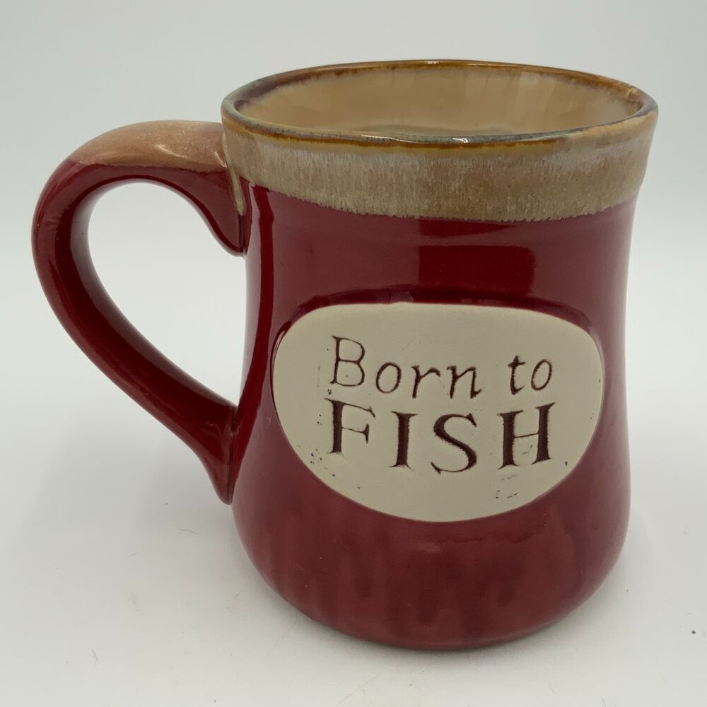 Burton + Burton Born To Fish Mug With Serenity Prayer Burgundy & Tan Stoneware